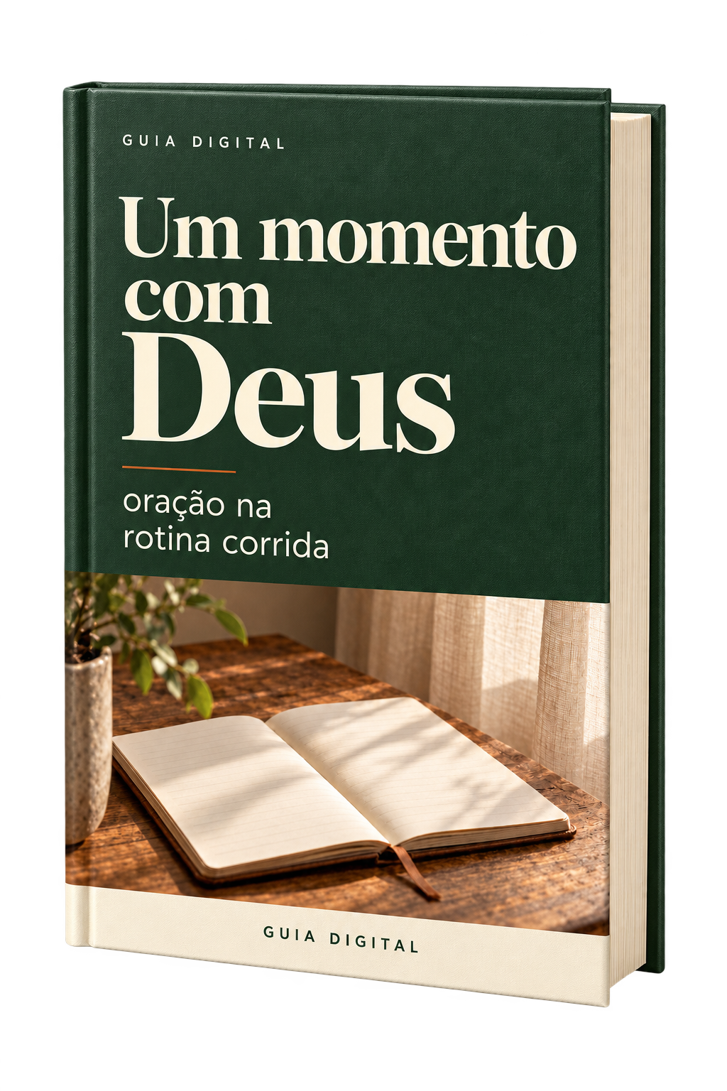 Apresentação tridimensional do guia digital Um momento com Deus, com capa verde, lombada e páginas visíveis